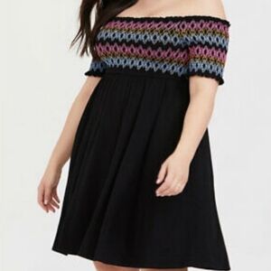 Torrid Black Embroidered Jersey Off Shoulder Skater Dress Deep Black 0
